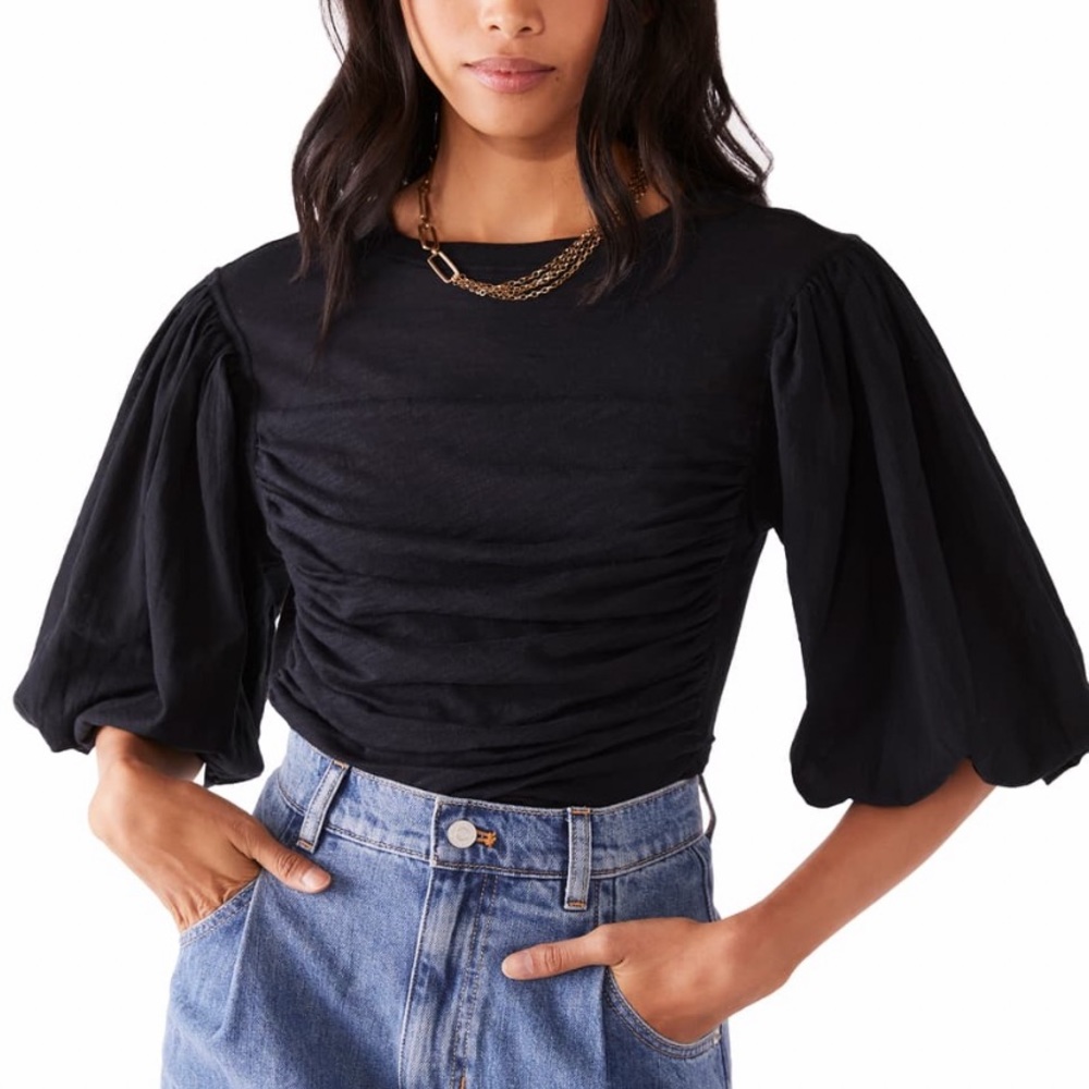 FREE PEOPLE COTTON SWEET SPOT TOP IN BLACK CROPPED FIT PUFF SLEEVE RUNCHING SZ S